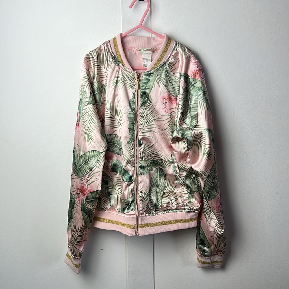 H&M Kids Pink and Green Tropical Flamingo Satin Bomber Jacket by Karoli Kijak